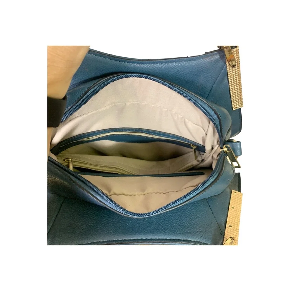 Alyssa Vegan Faux Leather Quilted Satchel Handbag Blue Gold Hardware